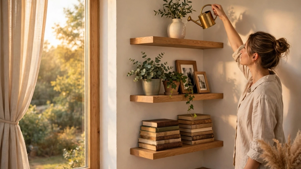 How High to Hang Floating Shelves, and the Reach-and-Display Rule That Saves Every Room 10 Stacked shelf column showing how high to hang floating shelves in a tall arrangement.
