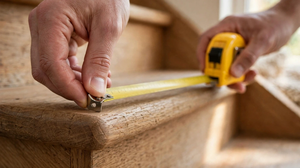 Close-up of hands holding a yellow tape measure stretched across a wooden stair tread, measuring from the rounded front nosing edge straight back to the riser, warm wood staircase in soft daylight, shallow depth of field, photorealistic detail photography, showing the stair tread depth.