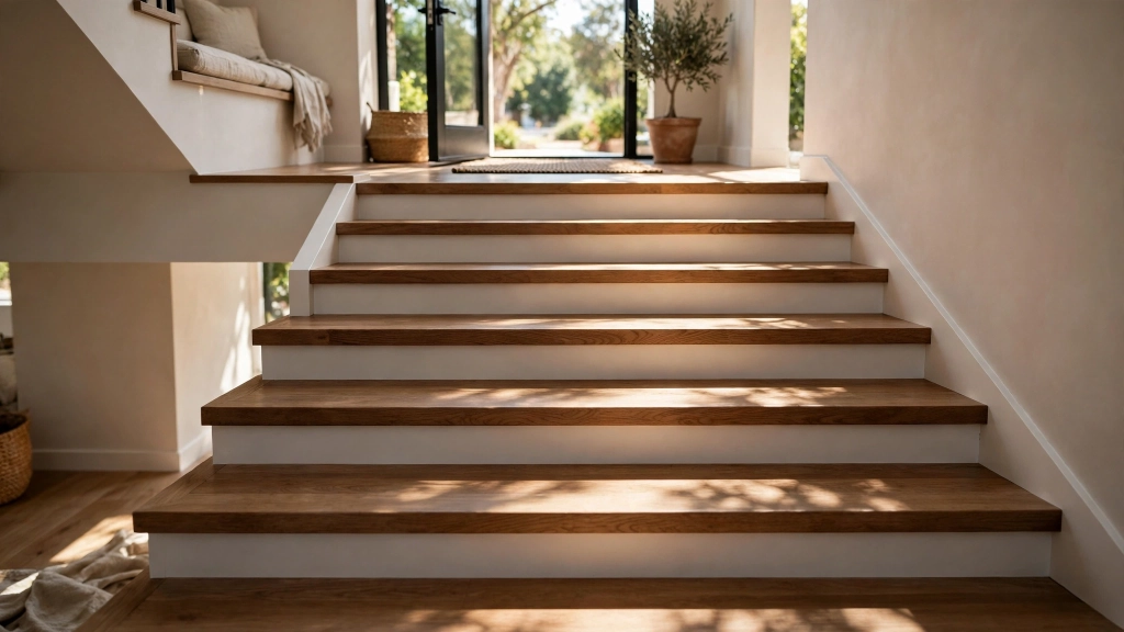 Low angle view looking up a staircase with deep, generous ten to eleven inch wooden treads and white risers, showcasing comfortable walking surface, bright modern entryway, sunlight casting soft shadows across the steps, photorealistic interior photography, showing the stair tread depth.