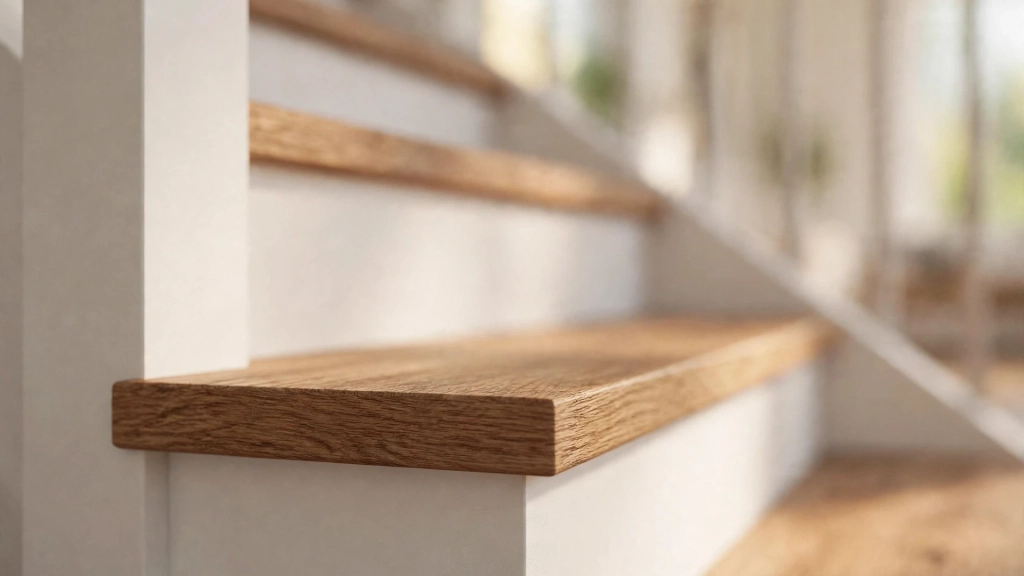 Side profile close-up of a staircase showing the relationship between the horizontal wooden tread and the vertical white riser, one clear step in sharp focus, soft blurred background of ascending stairs, warm daylight, photorealistic architectural detail photography, showing the stair tread depth.