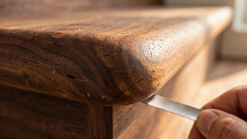 Extreme close-up detail of a stair tread nosing, the softly rounded bullnose edge overhanging the riser below, rich walnut wood grain in sharp focus, warm side lighting emphasizing the curve and texture, photorealistic macro interior detail photography, showing the stair tread depth.
