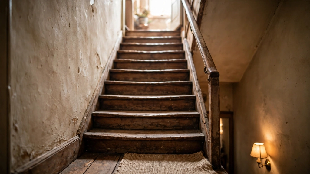 A steep narrow staircase with shallow treads in an older home, dim warm light, contrasting cozy but slightly cramped feeling, wooden steps and simple railing, photorealistic interior photography, showing the stair tread depth.