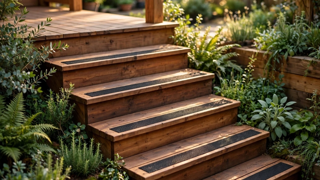 Outdoor wooden deck staircase with deep natural cedar treads, textured anti-slip strips, lush green garden plants alongside, golden afternoon sunlight, inviting backyard setting, photorealistic exterior photography, showing the stair tread depth.