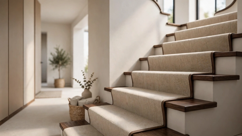 Elegant carpeted staircase with a plush neutral beige runner tightly fitted over wooden treads, crisp dark wood nosing edges visible on each side, bright modern hallway with soft natural light, photorealistic interior photography, showing the stair tread depth.