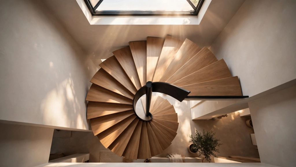 Beautiful spiral staircase viewed from above, wedge-shaped wooden treads fanning around a black metal center post, warm sunlight filtering down through a skylight, dramatic geometric composition, photorealistic interior photography, showing the stair tread depth.