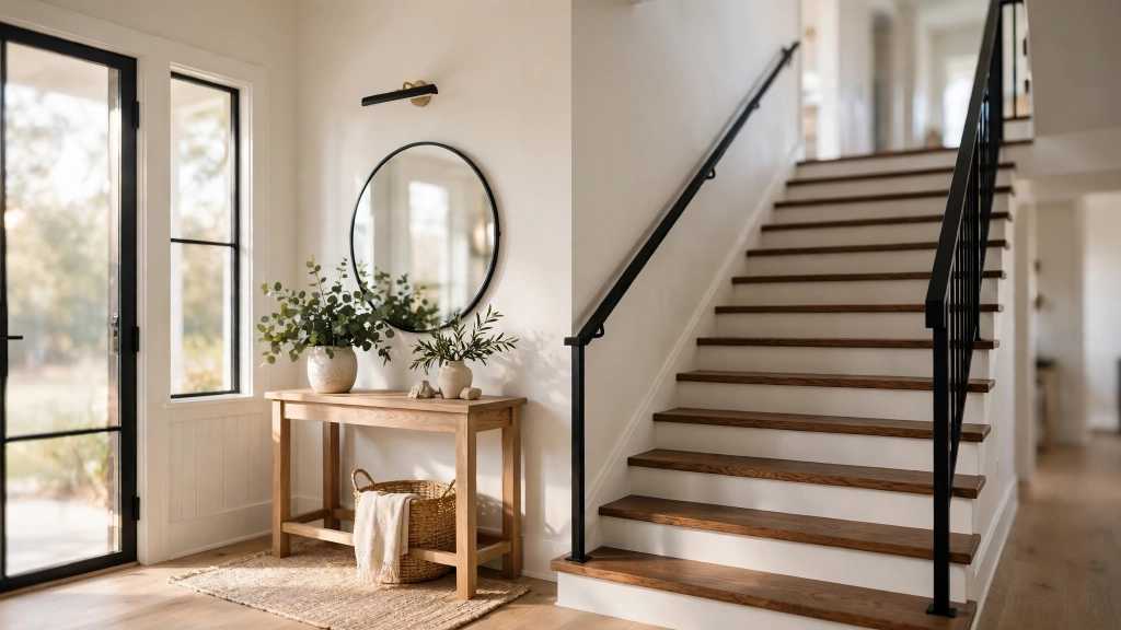 A perfectly proportioned staircase in a bright modern farmhouse entryway, deep oak treads, white risers, black handrail, styled with a console table, mirror, and greenery at the base, soft morning light, welcoming and safe feeling, photorealistic interior photography, showing the stair tread depth.