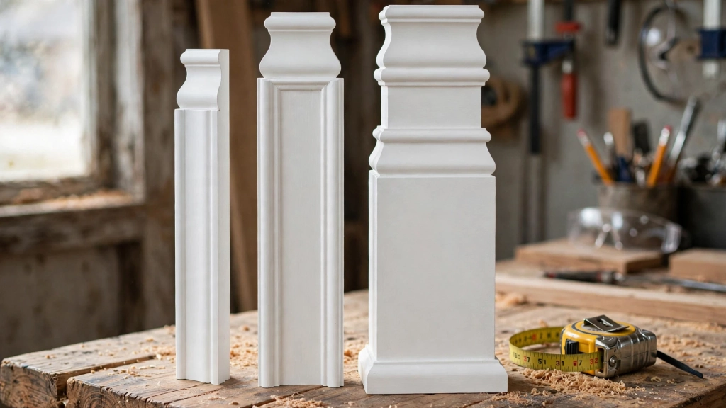 Standard Baseboard Height: The 3-1/4-Inch Rule That Makes Rooms Look Taller 2 Three baseboard trim profiles side by side showing sizes around the standard baseboard height in a carpenter workshop.