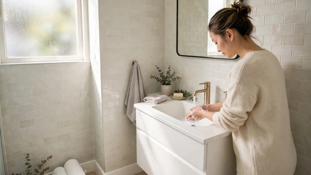 Standard Baseboard Height: The 3-1/4-Inch Rule That Makes Rooms Look Taller 5 Slim baseboards at the standard baseboard height keeping a small bathroom balanced and uncluttered.