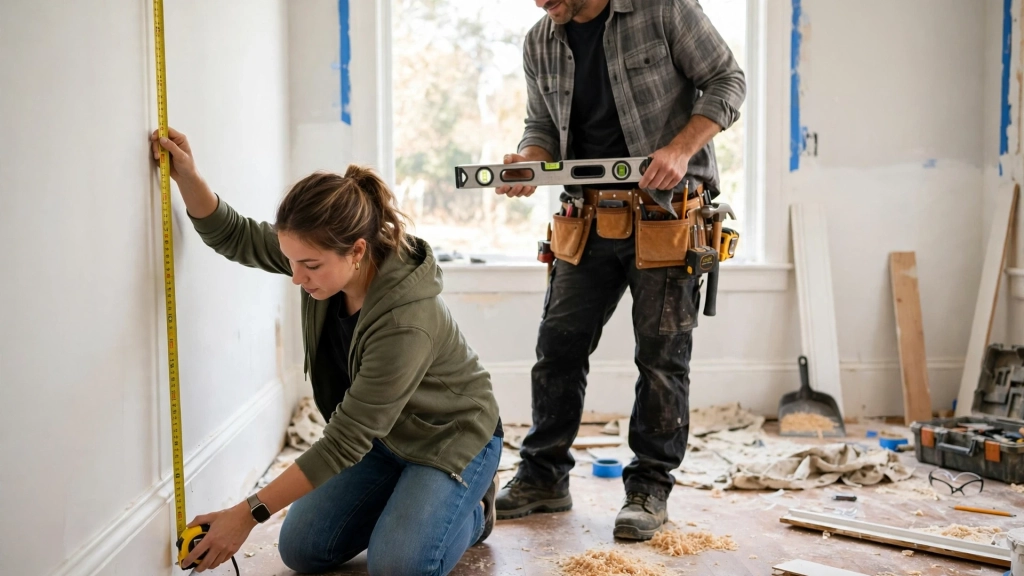 Standard Baseboard Height: The 3-1/4-Inch Rule That Makes Rooms Look Taller 6 A homeowner measuring trim with a tape measure to pick the standard baseboard height for her ceiling height.