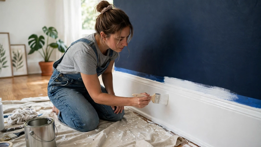 Standard Baseboard Height: The 3-1/4-Inch Rule That Makes Rooms Look Taller 10 A woman painting baseboards to the standard baseboard height in bright white semi gloss paint.