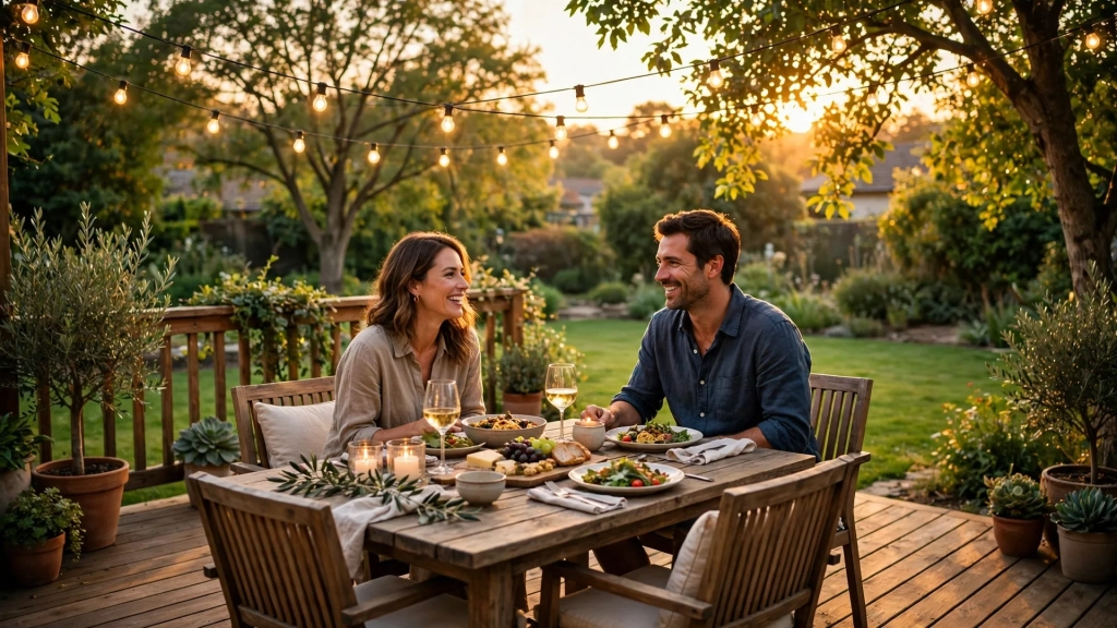 Standard Deck Size: How to Choose Dimensions That Fit Your Yard 1 A couple enjoys dinner on a wooden deck built to the standard deck size at golden hour.