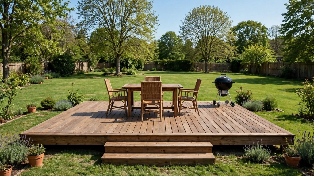 Standard Deck Size: How to Choose Dimensions That Fit Your Yard 3 A 12 by 14 wooden deck furnished with a dining set and grill, a classic example of the standard deck size.