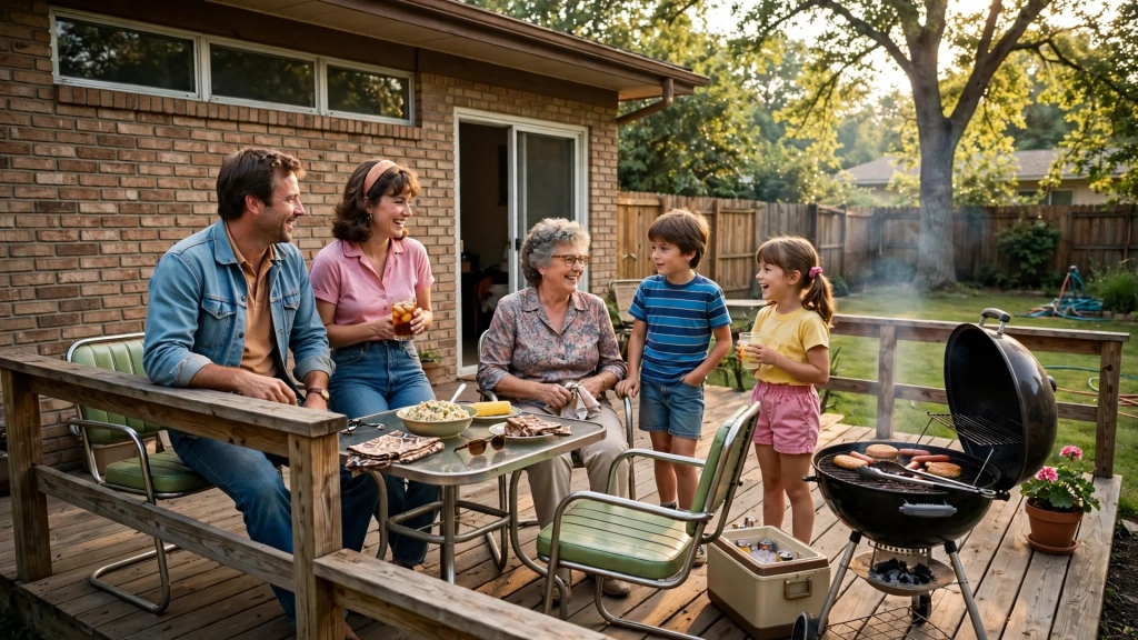 Standard Deck Size: How to Choose Dimensions That Fit Your Yard 4 A vintage 1980s suburban backyard deck, showing how the standard deck size became a household norm.