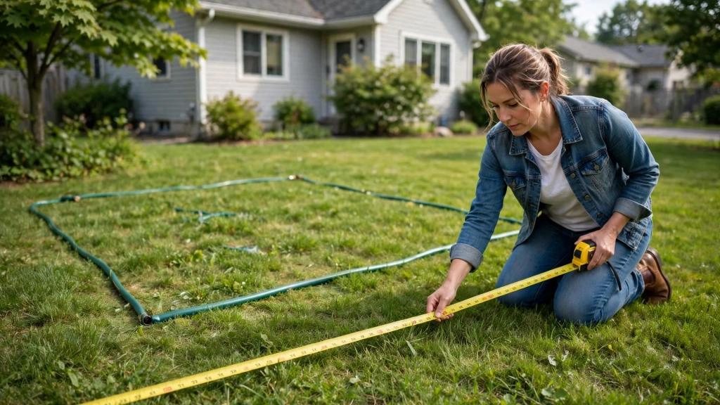 Standard Deck Size: How to Choose Dimensions That Fit Your Yard 5 A woman measures her backyard with a tape measure to check the standard deck size against her lot.