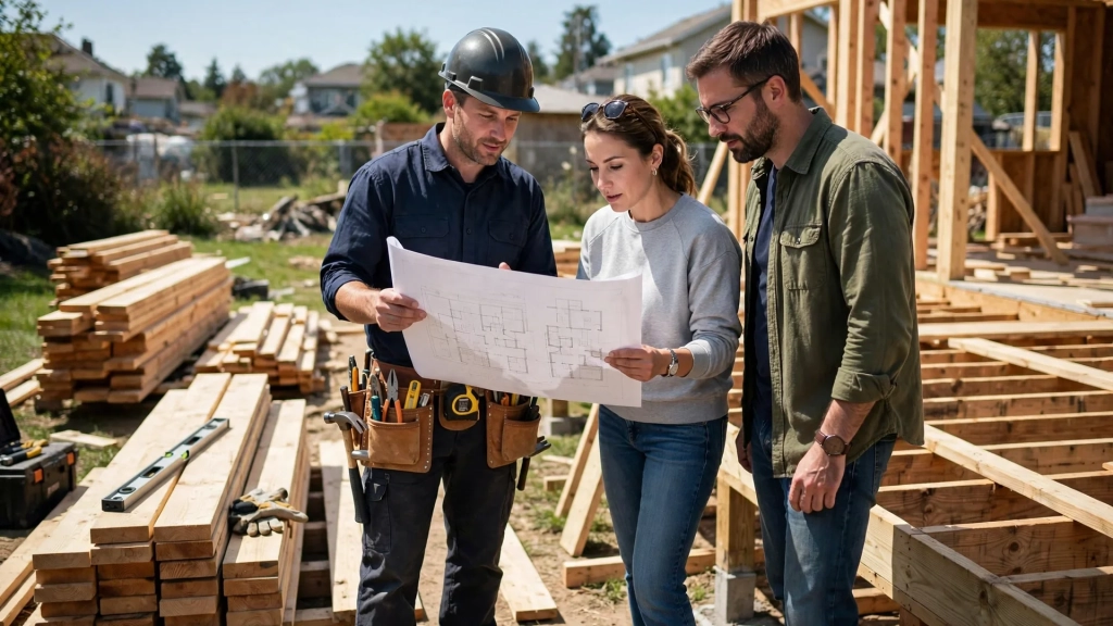 Standard Deck Size: How to Choose Dimensions That Fit Your Yard 7 A contractor discusses deck plans with a homeowner beside a deck frame, keeping the standard deck size on budget.
