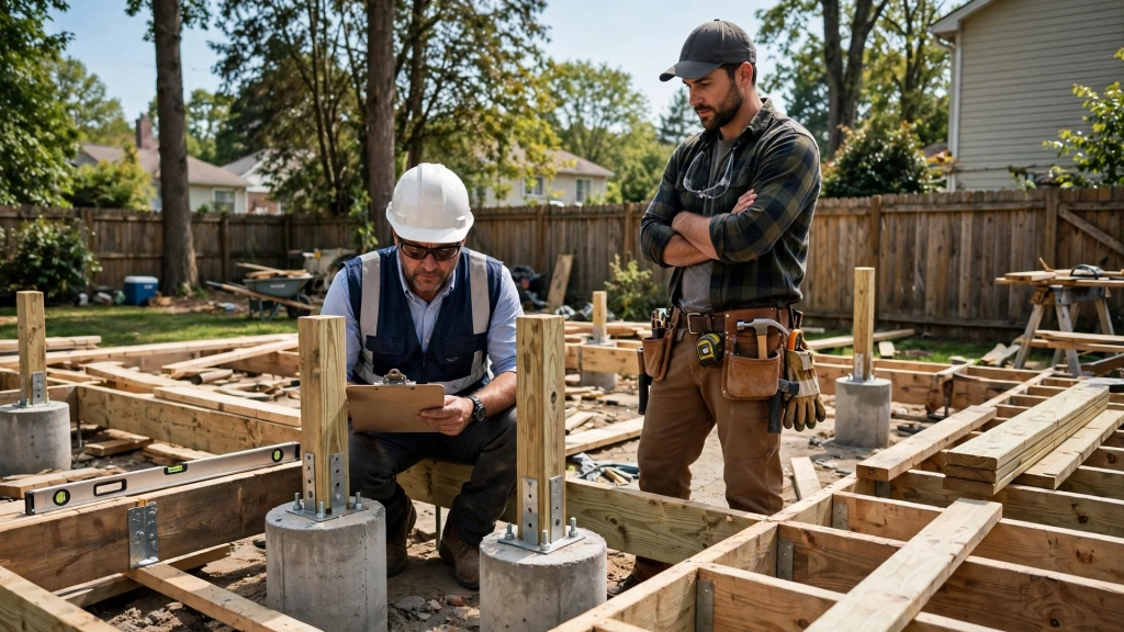 Standard Deck Size: How to Choose Dimensions That Fit Your Yard 8 A building inspector checks deck footings, a key step when building to the standard deck size.
