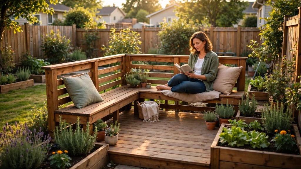 Standard Deck Size: How to Choose Dimensions That Fit Your Yard 10 A small cozy deck with built-in benches in a compact yard, proof the standard deck size fits small spaces.