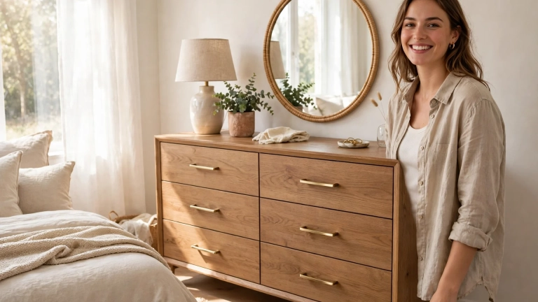 A woman stands beside a wooden dresser in a bright bedroom, showing a real example of the standard dresser size in a styled space.