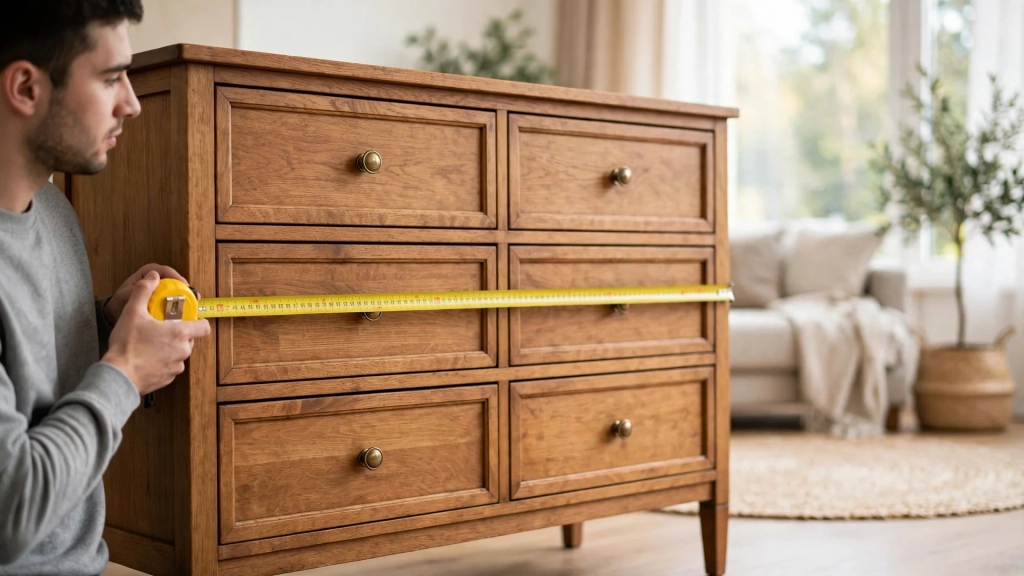 A man measures a dresser with a tape measure to check it against the standard dresser size before buying.