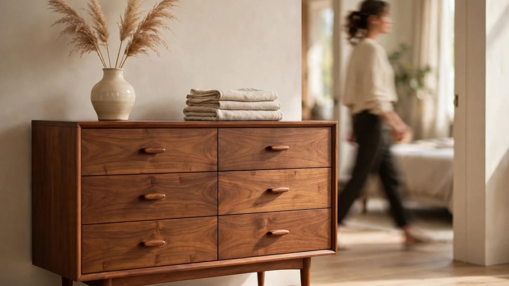 A walnut six-drawer dresser against a beige wall, illustrating the standard dresser size in width, height, and depth.