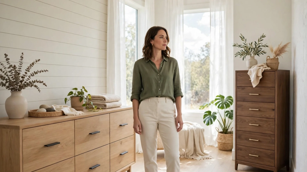 A woman compares a wide dresser and a tall chest to decide which fits the standard dresser size needs of her bedroom.