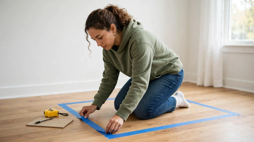 A woman marks a dresser footprint on the floor with painter's tape using the standard dresser size numbers she measured.
