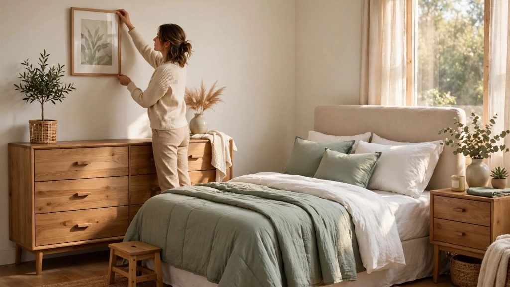 A dresser placed beside a bed at matching height, showing how the standard dresser size pairs with bed and nightstand.