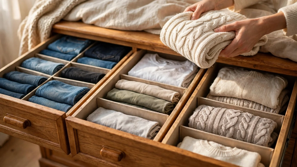 Open dresser drawers with neatly folded clothes show the real storage inside a standard dresser size piece.