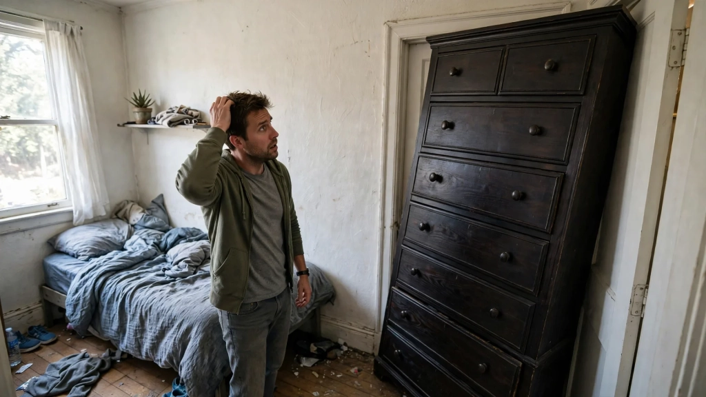 An oversized dresser blocks a bedroom door, a classic mistake avoided by knowing the standard dresser size first.