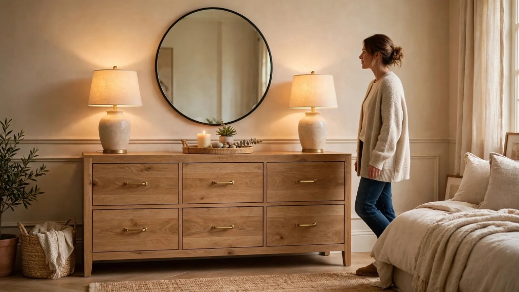 A beautifully styled dresser with mirror and lamps shows a standard dresser size piece finished like a designer room.