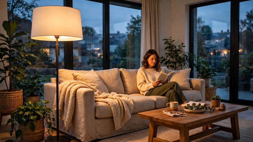 Standard Floor Lamp Height: How Tall Should Yours Be? 1 A floor lamp at the standard floor lamp height glowing warmly beside a sofa in a cozy living room.