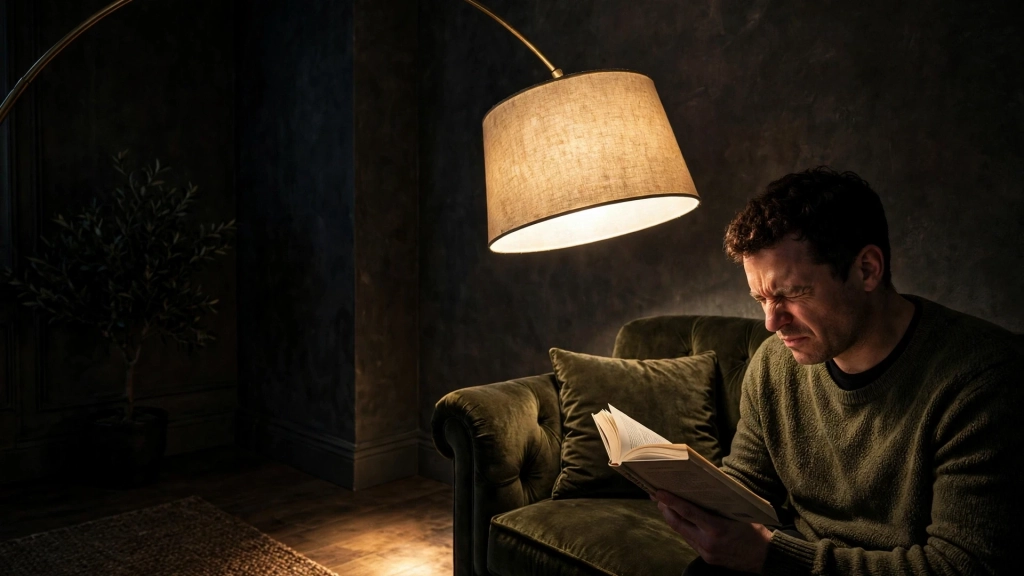 Standard Floor Lamp Height: How Tall Should Yours Be? 3 A lamp placed below the standard floor lamp height casting poor light while a man struggles to read.