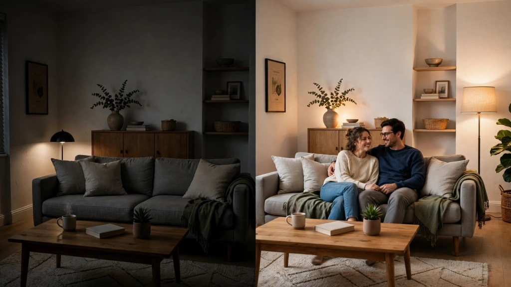 Standard Floor Lamp Height: How Tall Should Yours Be? 4 A before and after view showing how the standard floor lamp height transforms a living room's mood.