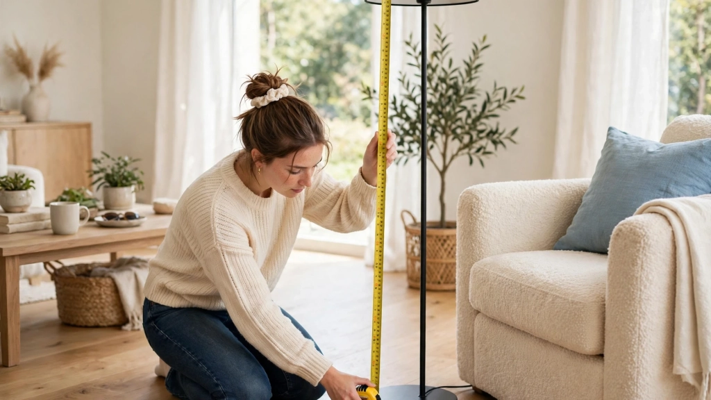 Standard Floor Lamp Height: How Tall Should Yours Be? 9 A woman measuring a lamp to confirm the standard floor lamp height for her reading chair.