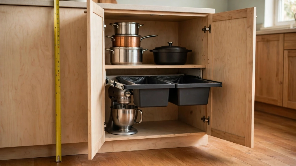 Open base cabinet with tape measure beside it, checking standard kitchen cabinet size