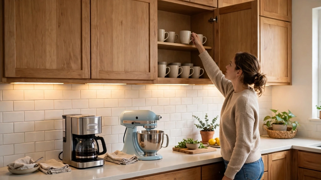 Wall cabinets with appliances fitting underneath, standard kitchen cabinet size in action