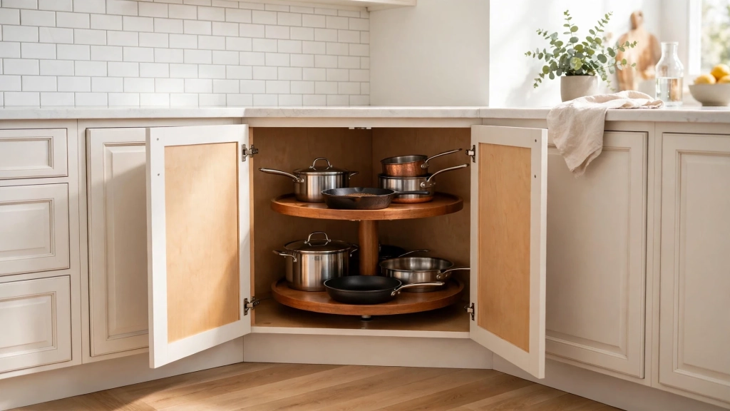 Corner cabinet with lazy Susan, a smart standard kitchen cabinet size solution