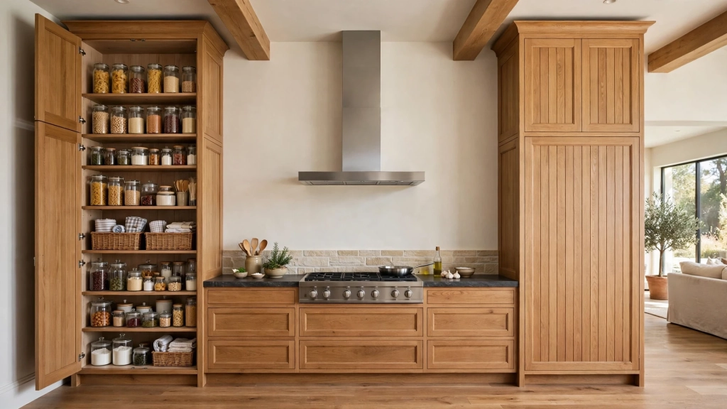 Tall pantry towers reaching to the ceiling, the tall end of standard kitchen cabinet size