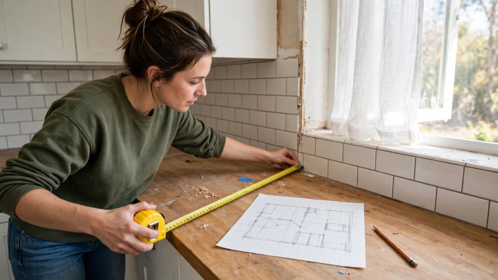 Woman measuring a kitchen wall with a sketch, planning around standard kitchen cabinet size