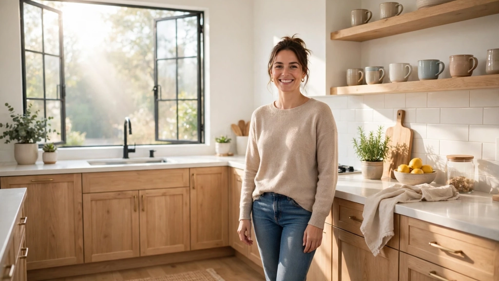 Happy woman in her finished kitchen, the result of getting standard kitchen cabinet size right