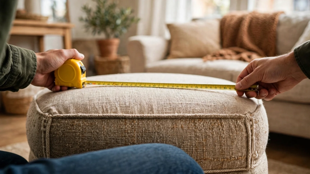 The Standard Ottoman Size Guide: Buy Once, Sit Happy 2 Man measuring an ottoman with a tape measure to check the standard ottoman size before buying
