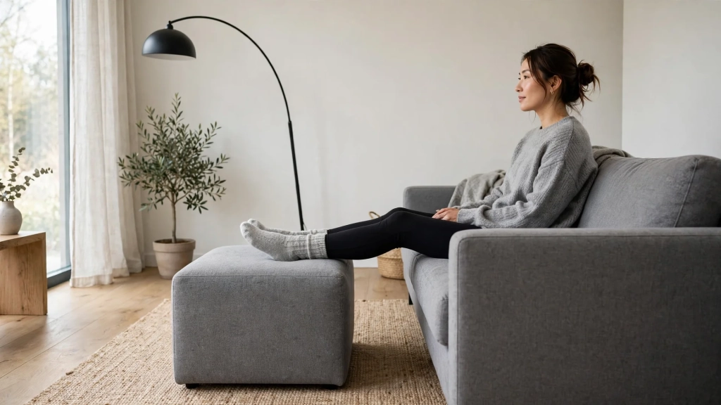 The Standard Ottoman Size Guide: Buy Once, Sit Happy 3 Side view of an ottoman matching sofa height, illustrating the standard ottoman size rule for seat alignment
