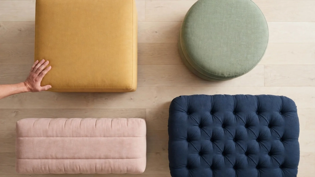 The Standard Ottoman Size Guide: Buy Once, Sit Happy 4 Top-down view of square, round, rectangular and cocktail ottoman shapes compared to the standard ottoman size