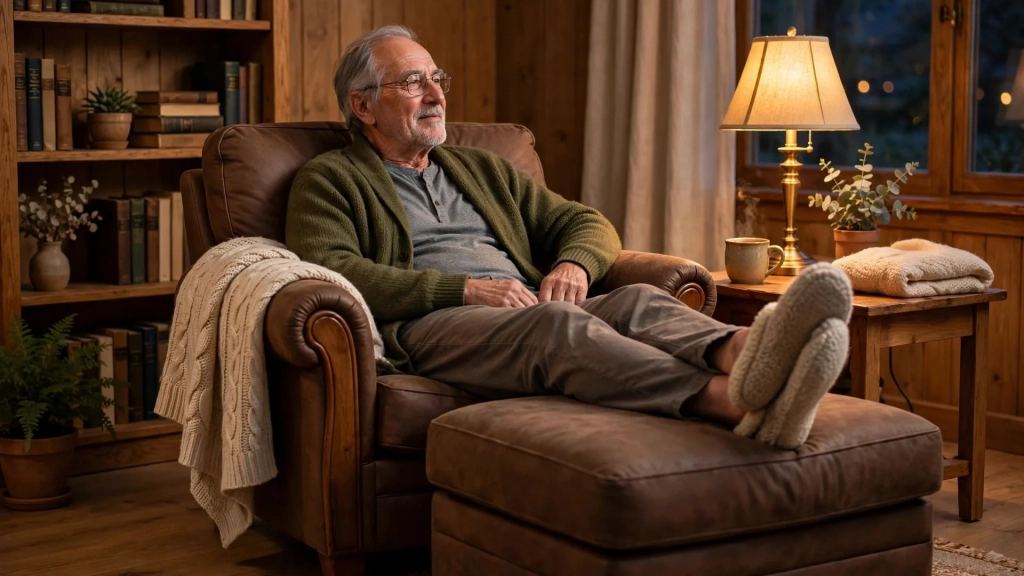The Standard Ottoman Size Guide: Buy Once, Sit Happy 5 Man reclining with legs on a deep ottoman showing comfortable standard ottoman size seat height and depth