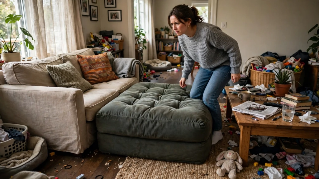 The Standard Ottoman Size Guide: Buy Once, Sit Happy 6 Ottoman blocking the walkway in a living room, a common mistake when ignoring the standard ottoman size spacing rule