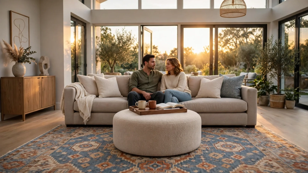 The Standard Ottoman Size Guide: Buy Once, Sit Happy 7 Round ottoman centered in front of a sofa as a coffee table, placed according to the standard ottoman size guide