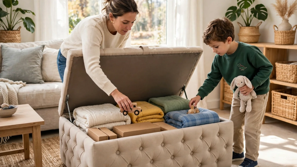 The Standard Ottoman Size Guide: Buy Once, Sit Happy 8 Open storage ottoman revealing blankets inside, a roomy style beyond the standard ottoman size footprint