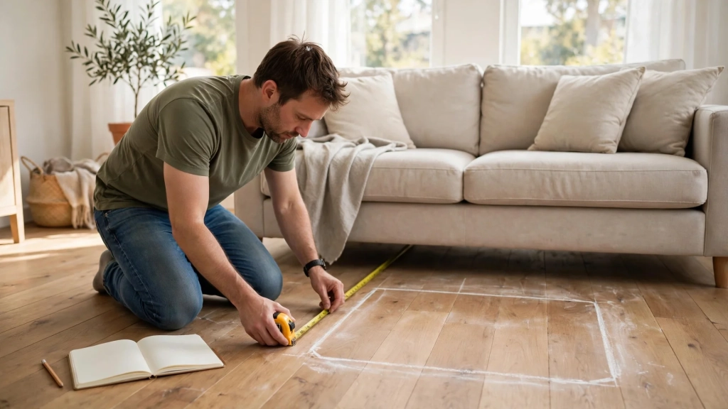 The Standard Ottoman Size Guide: Buy Once, Sit Happy 9 Man measuring floor space in front of a sofa with a tape measure for the standard ottoman size