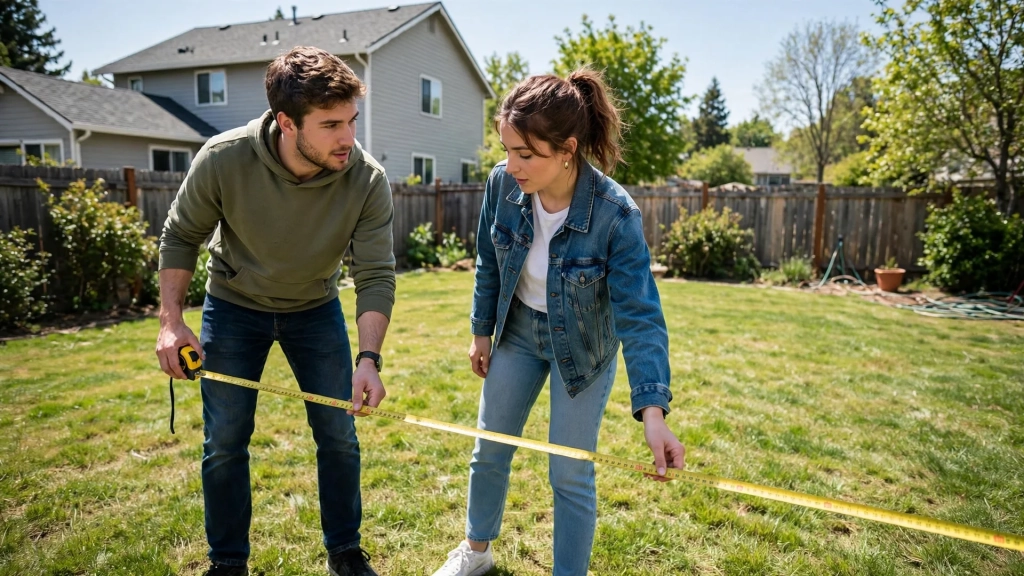 A couple measuring their empty backyard with a tape measure to plan the right standard patio size before building.