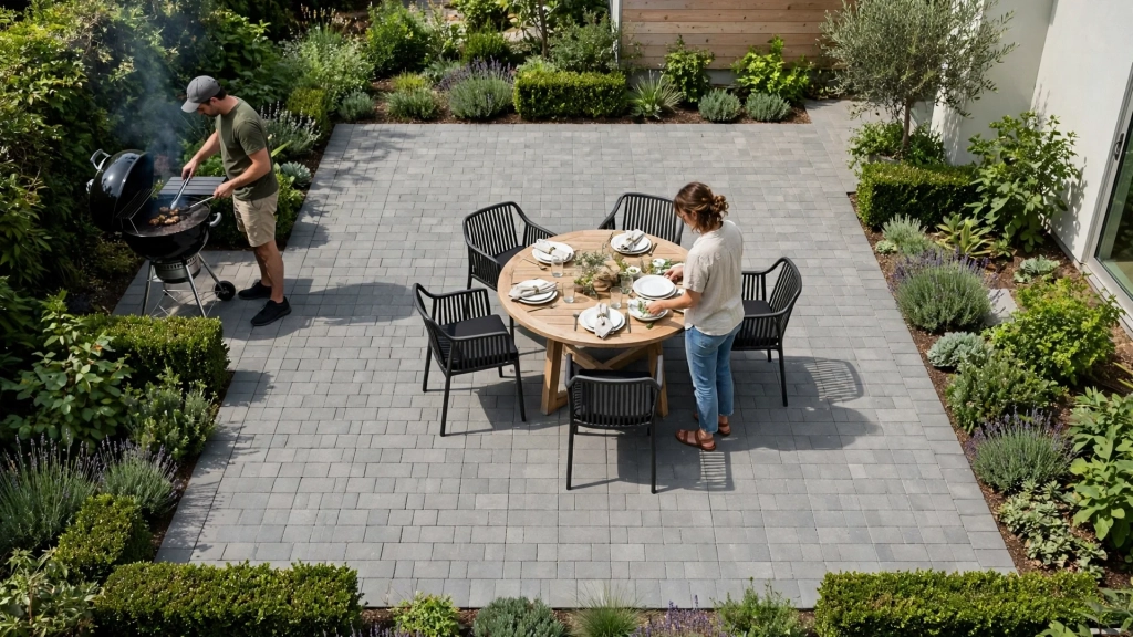 An aerial style view of a rectangular paver patio that demonstrates a classic standard patio size with a dining table and grill area.